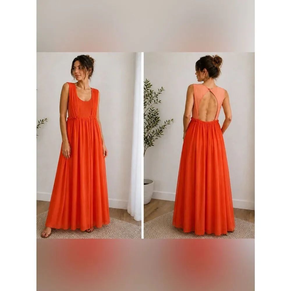 Carven Designer Silk Colorblock Maxi Dress/Coral Orange